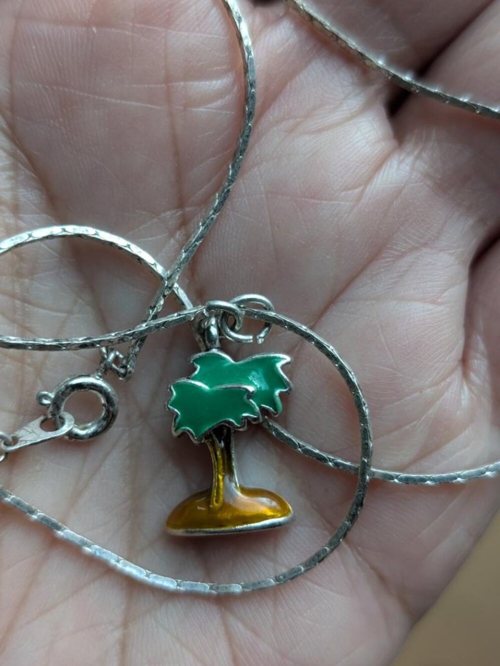 Pretty Green & Brown Vintage Enameled Palm Tree Pendant Necklace